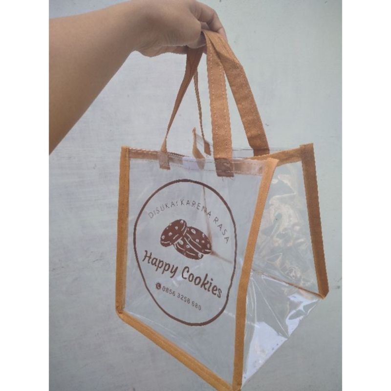 tas berkat mika sablon/tas hantaran toko kue muat Box 22x22 cm