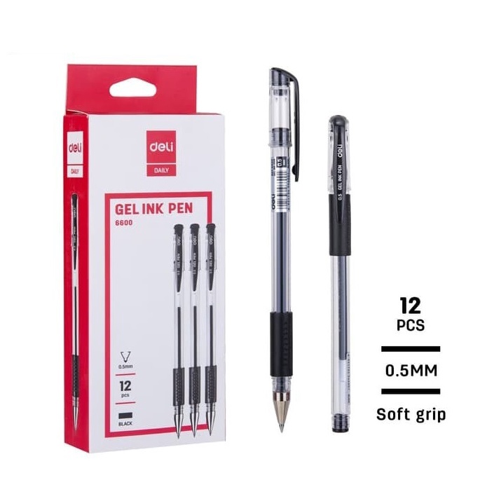PULPEN GEL 0.5 MM HITAM DELI 6600 BALLPOINT JEL MURAH PEN SEMINAR