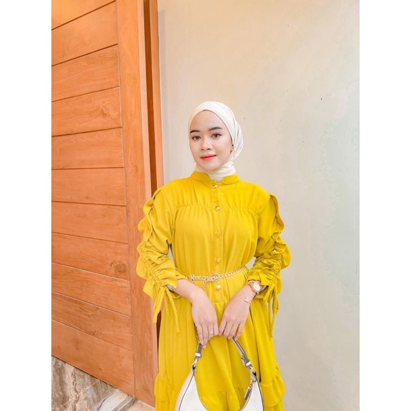 shella dress (READY STOK) dress serut tangan kekinian busui friendly dress crinkle airflow premium outfit kondangan ootd selebgram lamaran wisuda dress lime bata gamis muslim murah gamis serut gamis kupu midi dress tangan serut