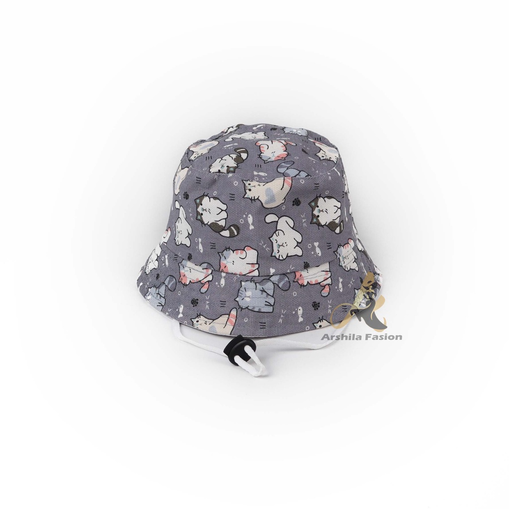 Topi Bucket Anak Tali Bahan Canvas Motif Kucing CNVS002