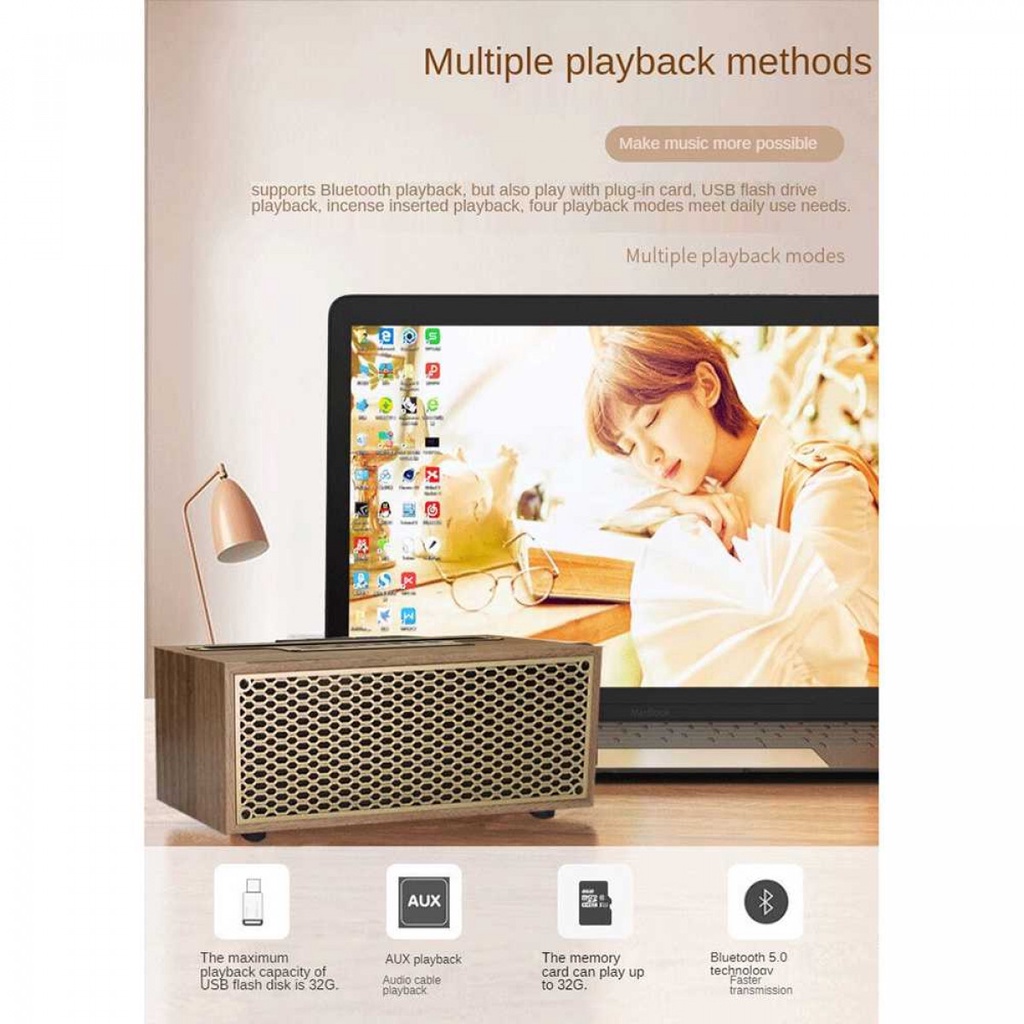 Bluetooth Speaker Portable Model Vintage Kayu Wood USB Rechargeable