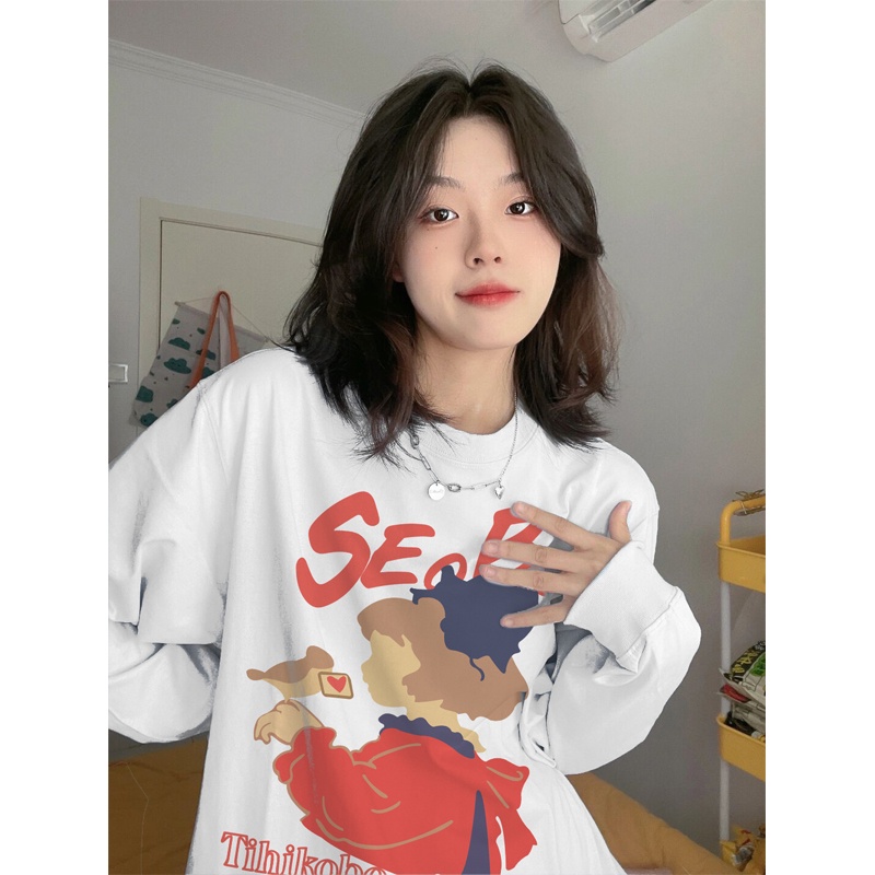 EUNII Sweater Lengan Panjang Painting Girl Korean Style/Hoodie Oversize/Baju Wanita/Switer Wanita