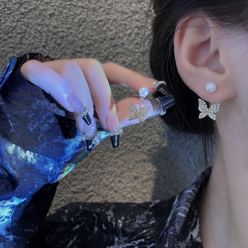 Anting Stud 925 silver needle Bentuk Kupu-Kupu Aksen Mutiara