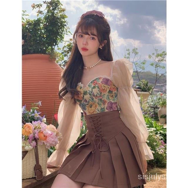 [✅BISA COD] Lukisan cat minyak desain atas rasa ceruk perempuan pinggang tinggi ramping rok lipit setelan musim