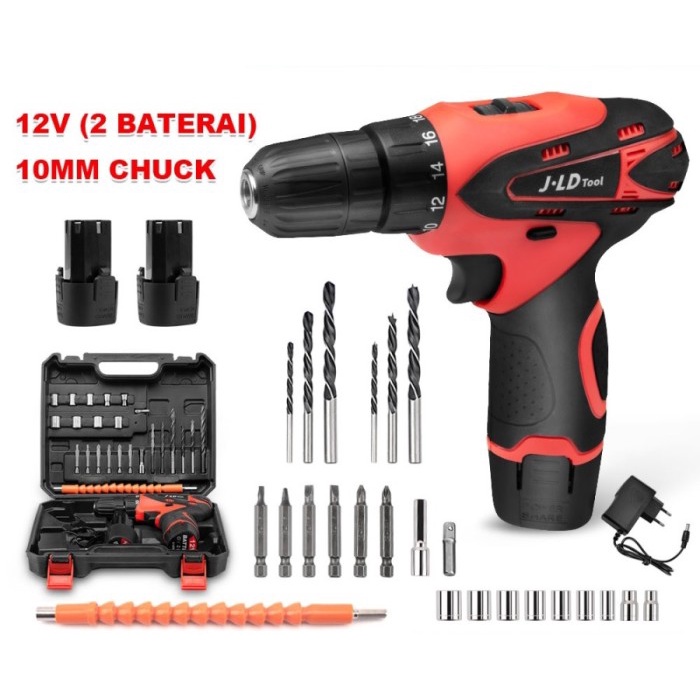Mesin Bor Cas JLD 12v bor charger bor cordless jld 12v full set bor baterai 2 batre