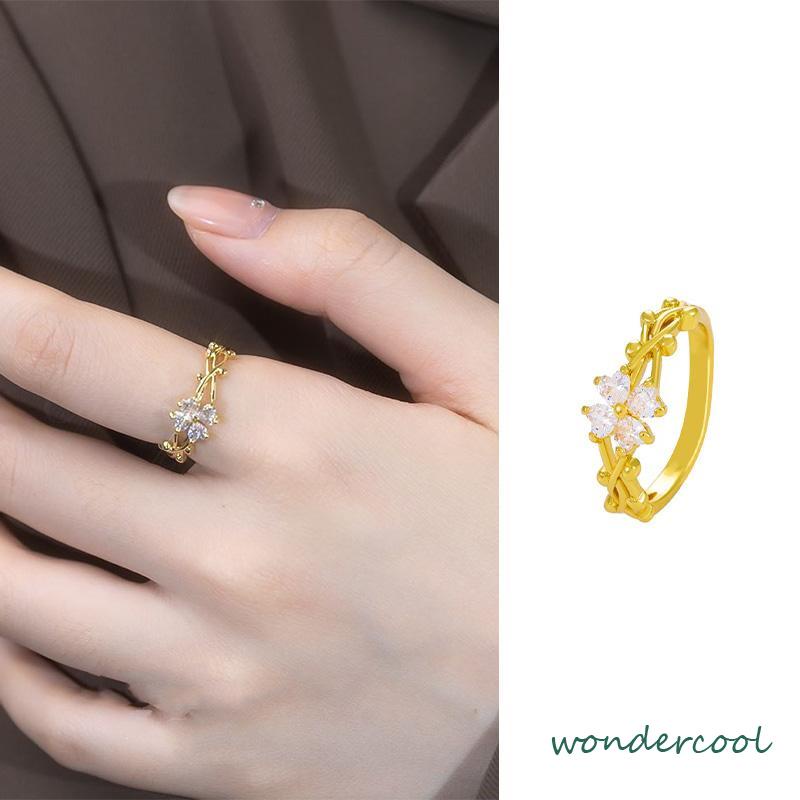 Cincin Bentuk Daun Clover Warna Emas Dan Silver Untuk Wanita Fashion Korea-Won