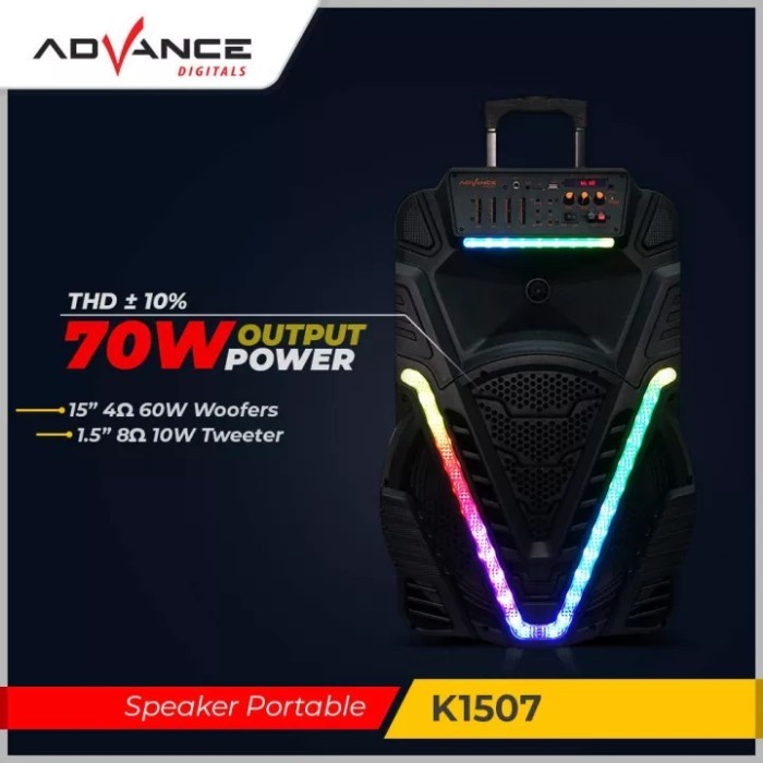SPEAKER ADVANCE PORTABLE K-1507 K1507 BLUETOOTH 15 INCH KOPER + 2 MIC WIRELESS GARANSI RESMI