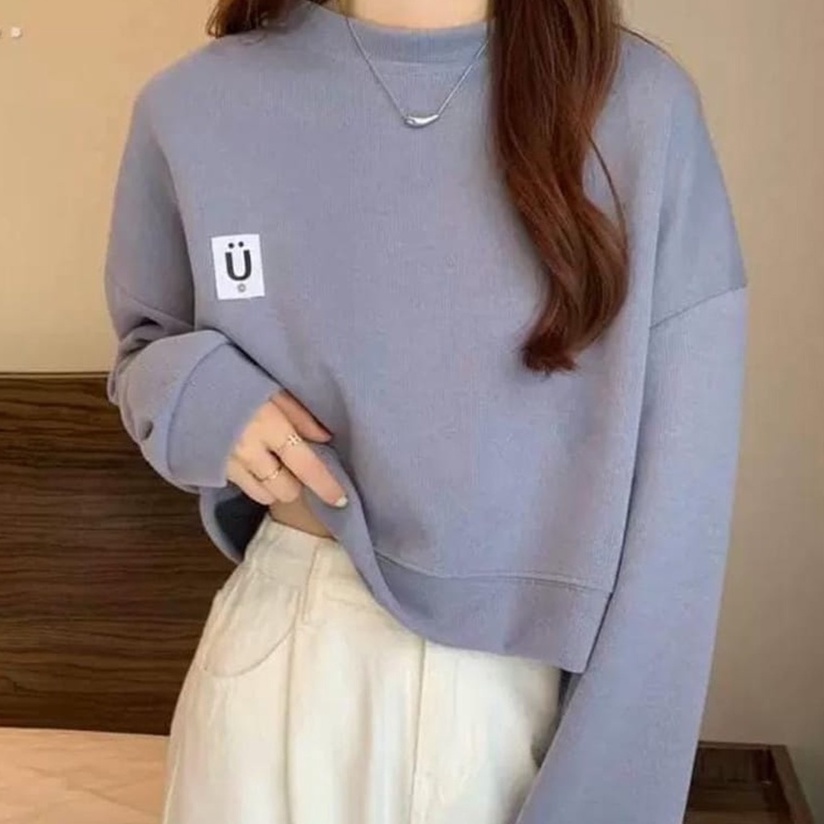 Sweater Crop Wanita Give U Smile - Korean Style Sweatshirt - Baju Wanita Basic U Crope Terbaru - Bahan Fleece - Ukuran Allsize