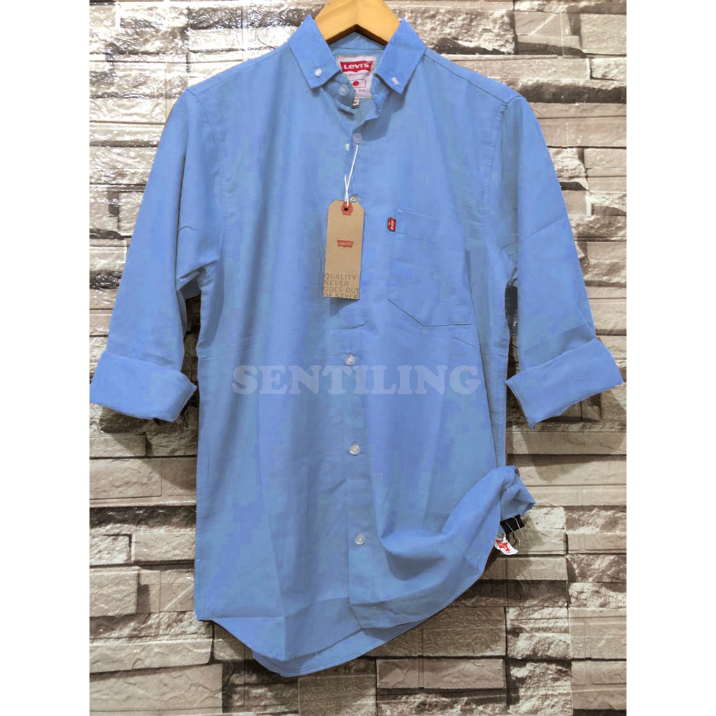 Terwuwu kemeja panjang pria cowok gatlemen cowok biru navy dongker polos formal kantor-Soft Blue