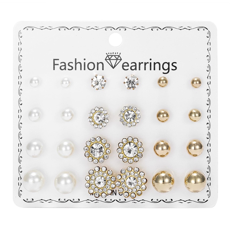 12 Pasang / Lot Anting Stud Mutiara Berlian Imitasi Bentuk Hati Bunga Matahari Bintang Untuk Wanita