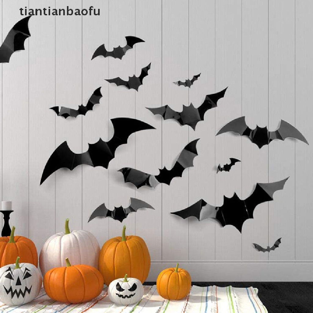 12pcs Stiker Desain Kelelawar 3D Warna Hitam Bahan PVC Untuk Dekorasi Pesta Halloween