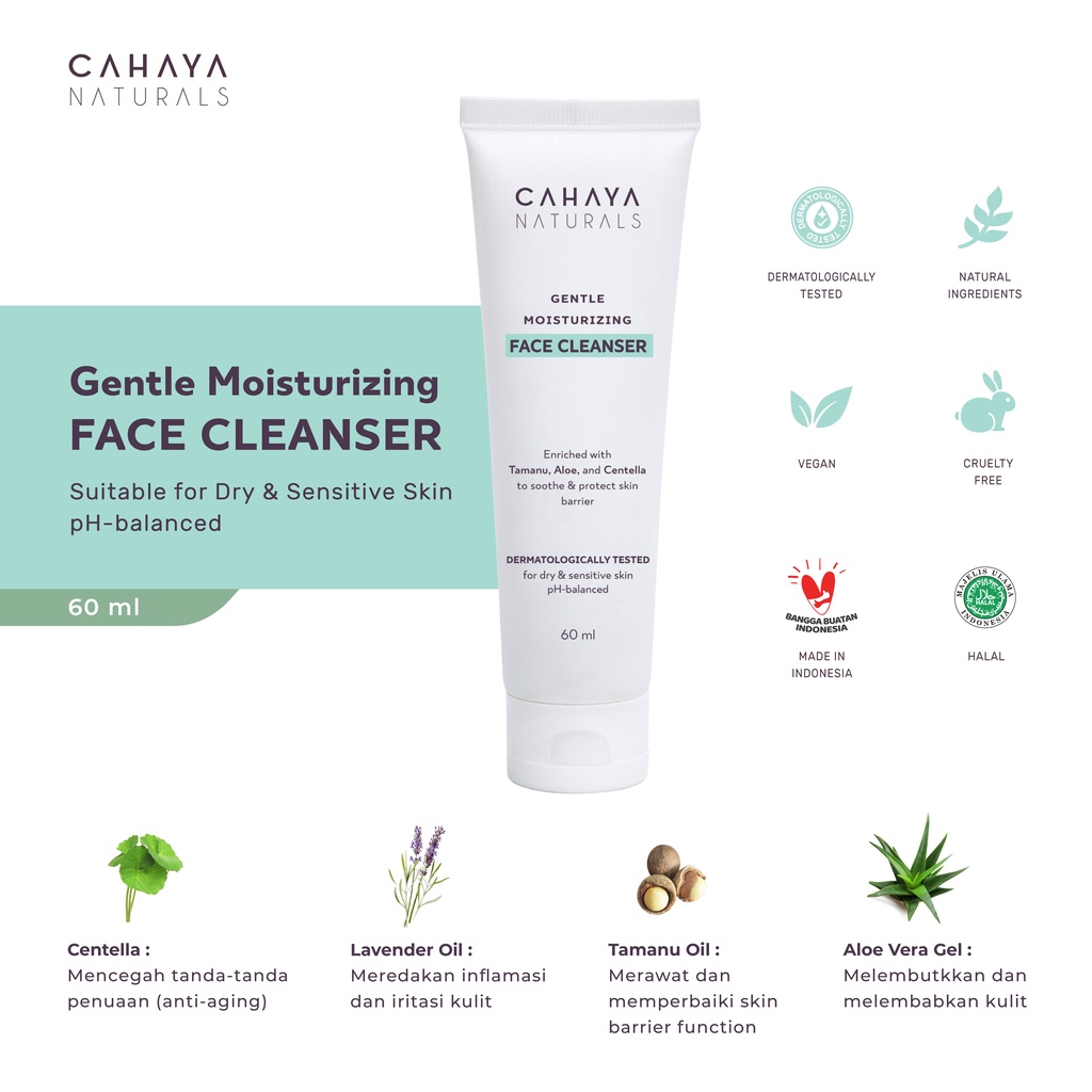 Gentle Moisturizing Face Cleanser (Dry &amp; Sensitive Skin) 60ml Cahaya Naturals - Pembersih Wajah Kulit Sensitif untuk Eksfoliasi Wajah dengan AHA &amp; BHA