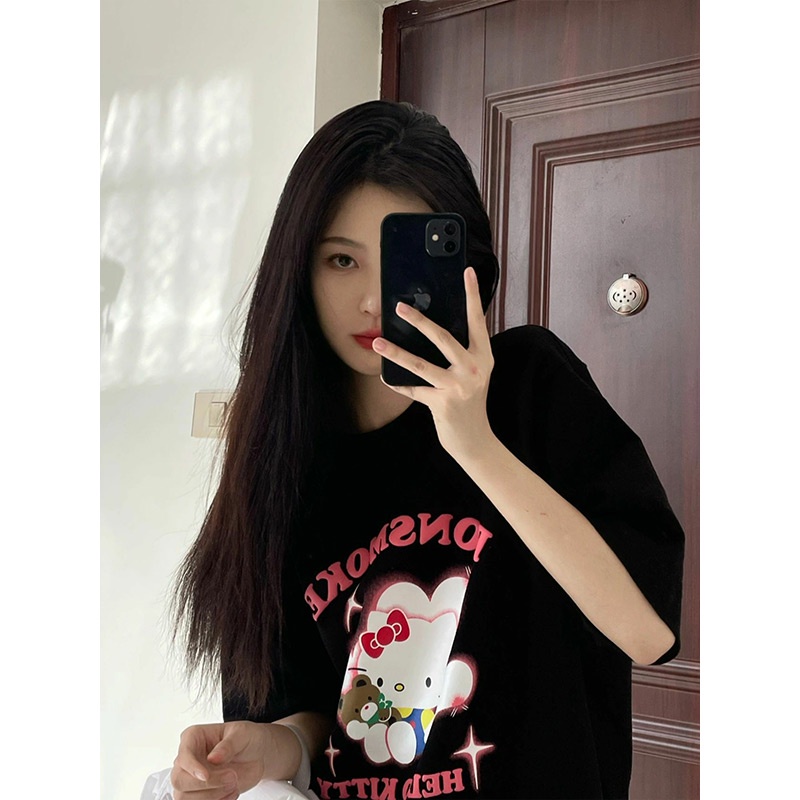 EUNII T-shirt Lengan Pendek Imut Kartun Melodi Pencetakan Longgar Korean Style/Kaos Atasan Wanita/Baju Kaus Oversize Wanita