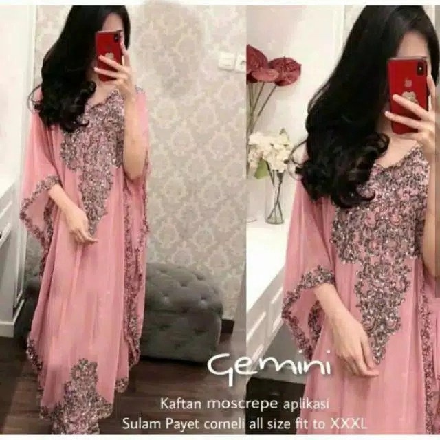 Murah Kaftan Gemini Jumbo Size XXXL/ Kaftan Bordir Payet / Kaftan Lebaran - dusty pink