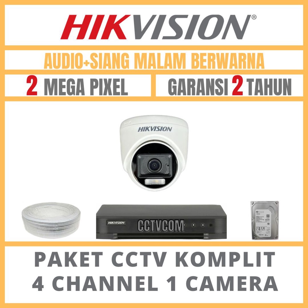 PAKET CCTV HIKVISION COLORVU 2MP 4 CHANNEL 1 CAMERA COLORFULL