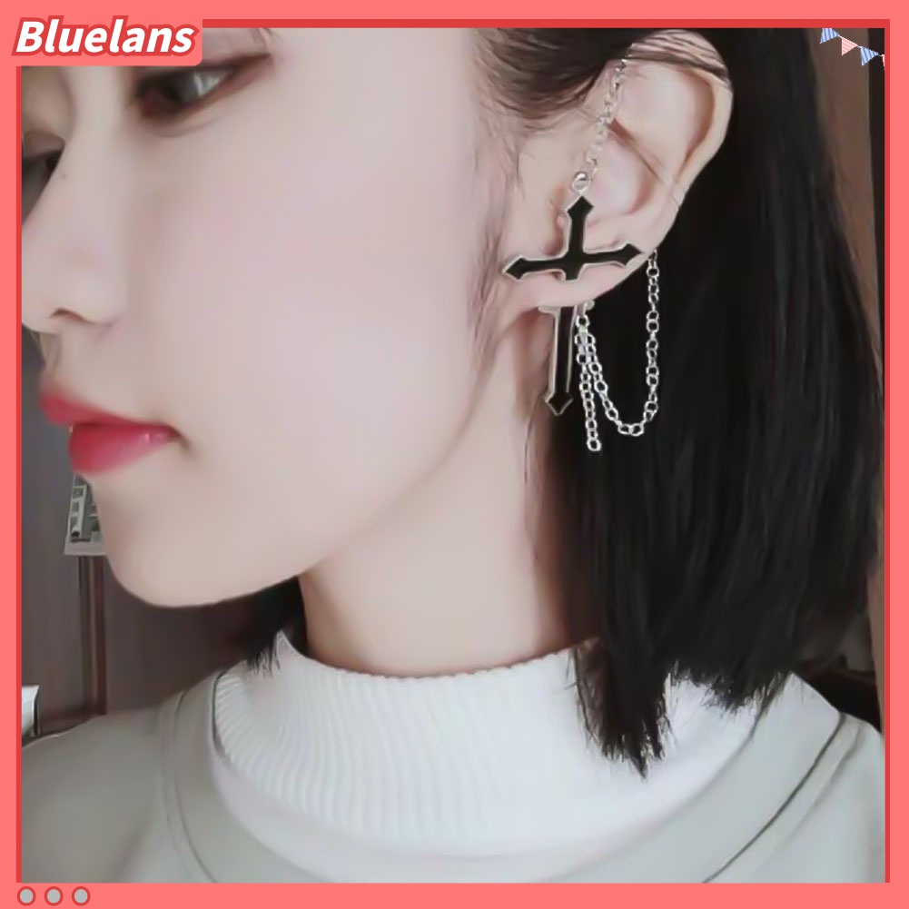 1pc Anting Stud Rantai Panjang Desain Salib Gaya Punk Untuk Unisex