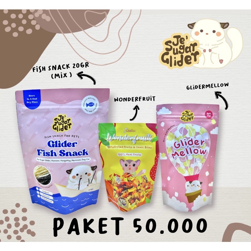 PAKET HEMAT 1 - 3 SNACK SUGAR GLIDER (Fish snack 20gr Mix, Wonderfruit, Glidermellow) by Jesugarglider