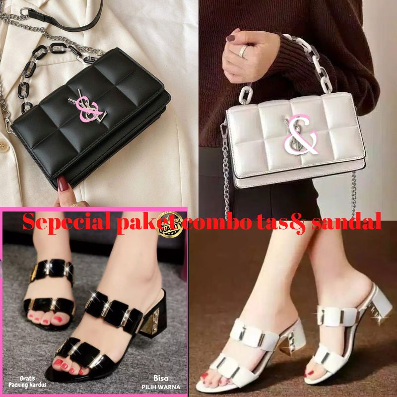 paket combo tas selempang wanita &amp;sandal heels hak 5cm terbaru model kekinian murah