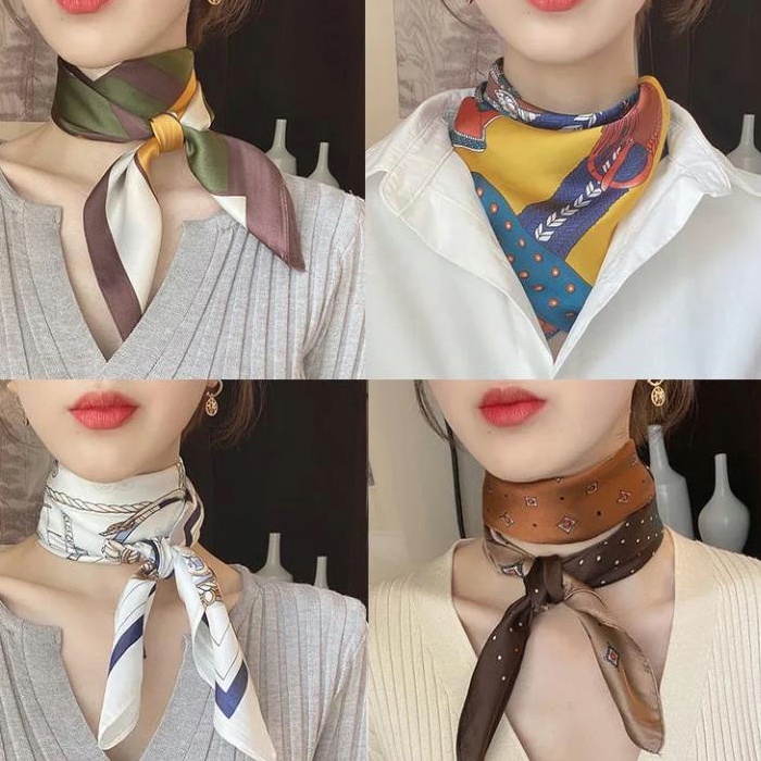 Syal Korea Aksesoris Wanita Retro Vintage Bahan Satin Sutra Elegan Ukuran Kecil Selendang Korea Fashion Syal Rambut -Doo