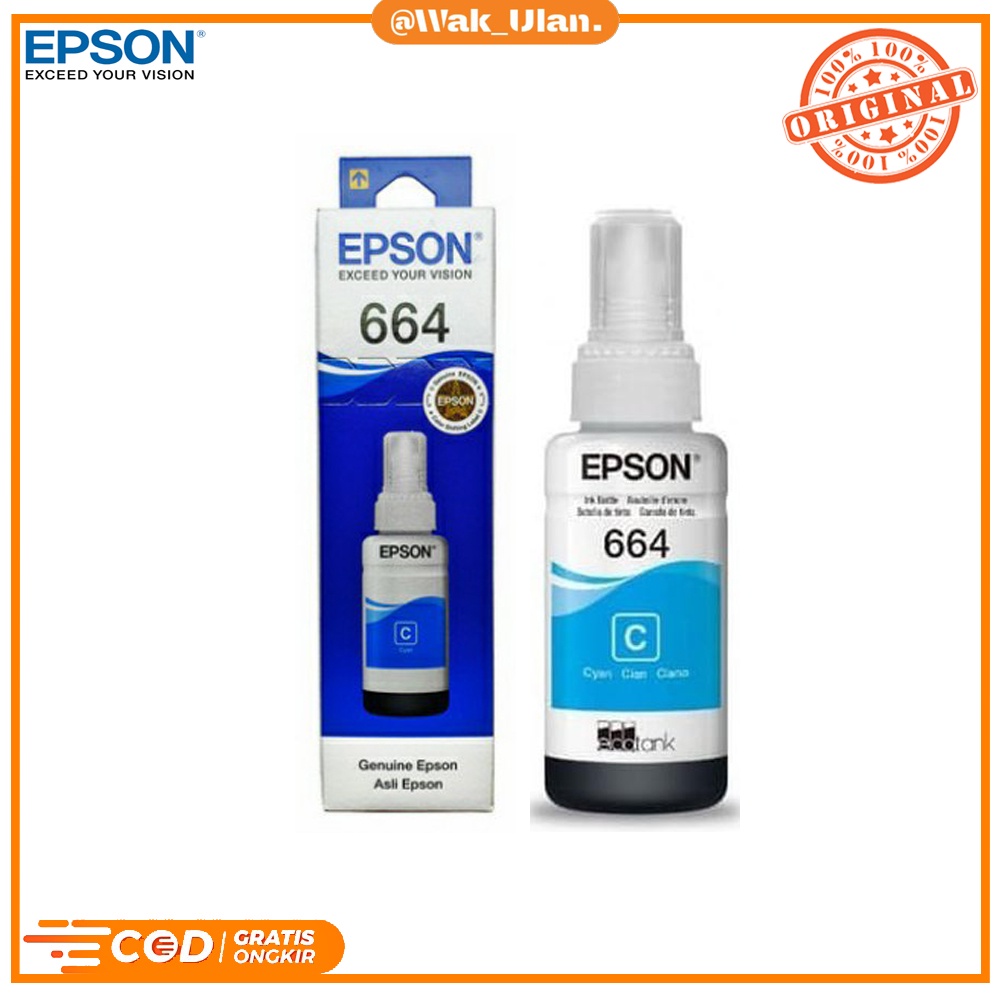 Tinta Original Epson 664 Ink Cyan Biru T6641 T-6641 T 6641 Original L100 L110 L120 L200 L210 L220 L300 L310 L350 L360 L365 L455 L550