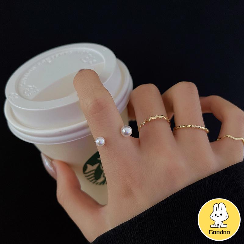 4 Pcs/set Korea Cincin Emas Untuk Wanita Sederhana Mutiara Elegan Cincin Set Dapat Disesuaikan Terbuka Perhiasan Hadiah -Doo