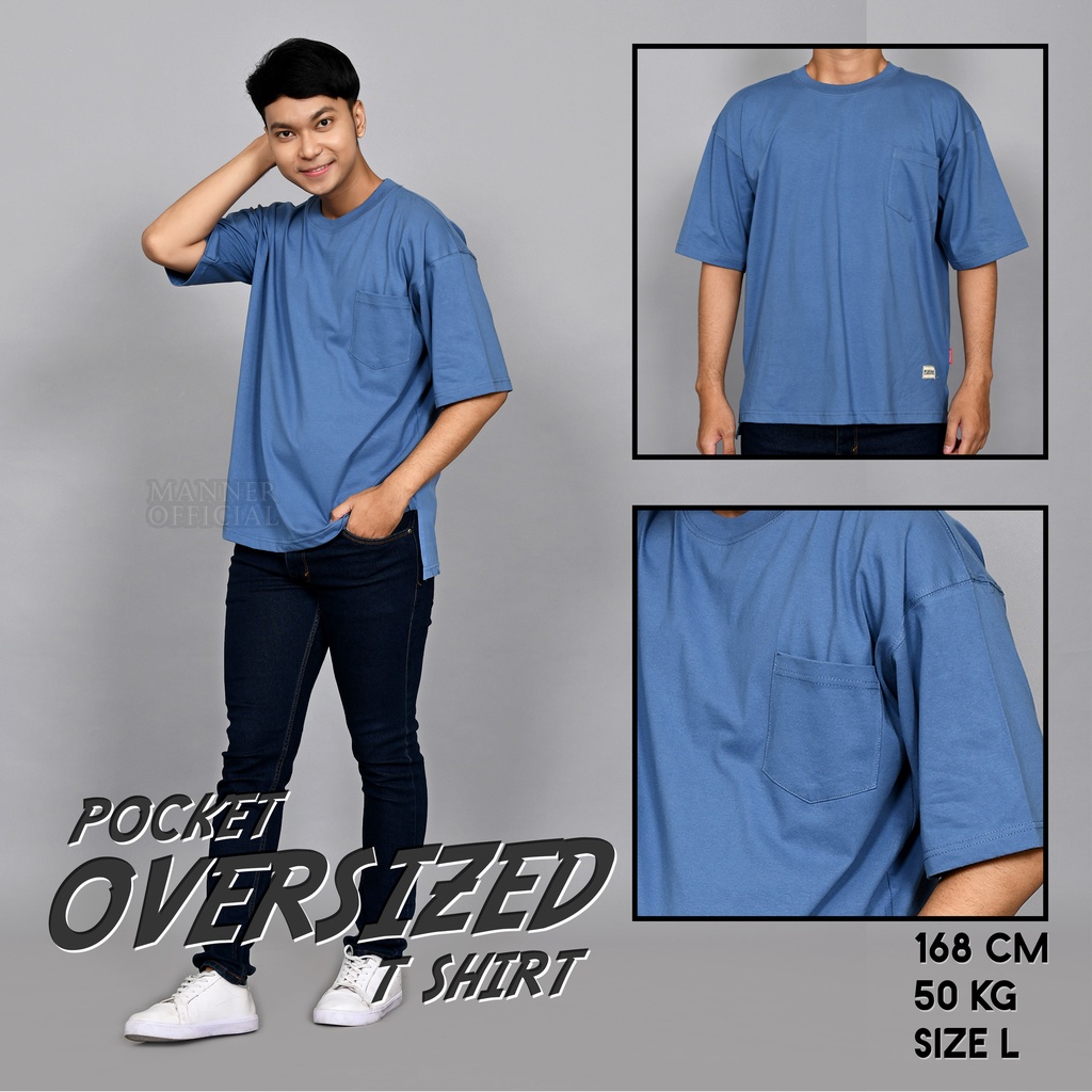 Manner - Kaos Pocket Oversized Kaos Korea Unisex Kaos Polos Oversized Pria Wanita Basic Pocket T-Shirt Cotton Combed 24s Baju Jumbo Laki Perempuan