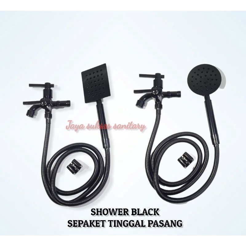 Paket Hand shower Stainlees SUS 304 KOTAK BULAT HITAM Handshower mandi set semprotan Deras sower mandi dan kran cabang BLACK 1/2 Inch