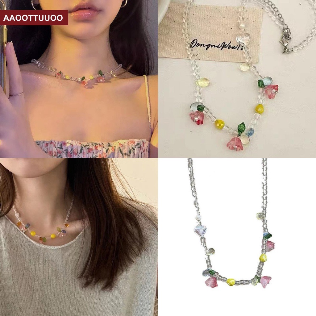 Kalung Rantai Klavikula Manik-Manik Bentuk Hati Warna Permen Untuk Perempuan