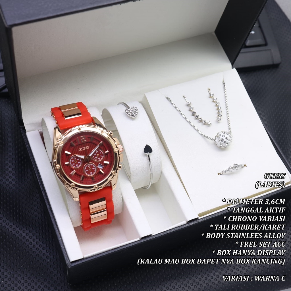 (BISA COD) JAM TANGAN WANITA GUESS TALI RUBBER BODY BULAT STAINLEES TANGGAL AKTIF FREE SET ACC