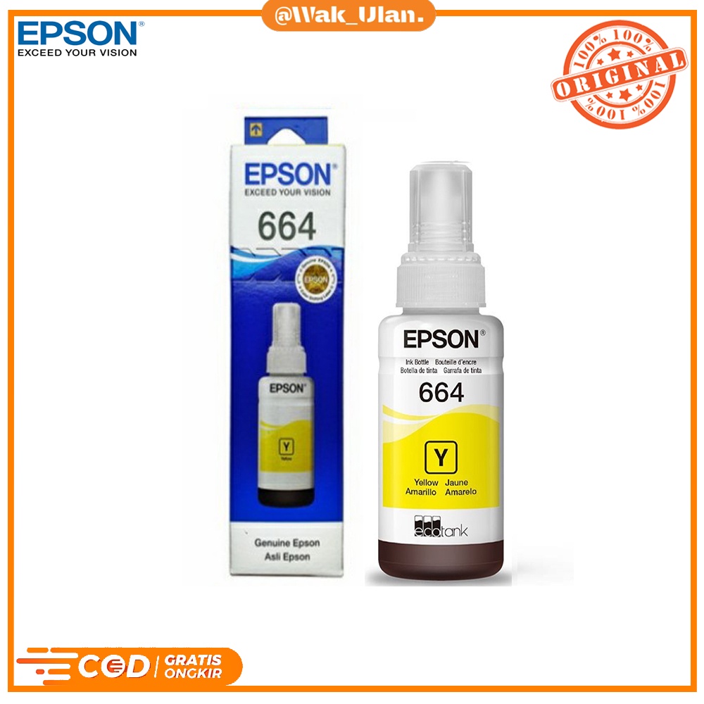 Tinta Original Epson 664 InkYellow kuning T6641 T-6641 T 6641 Original L100 L110 L120 L200 L210 L220 L300 L310 L350 L360 L365 L455 L550