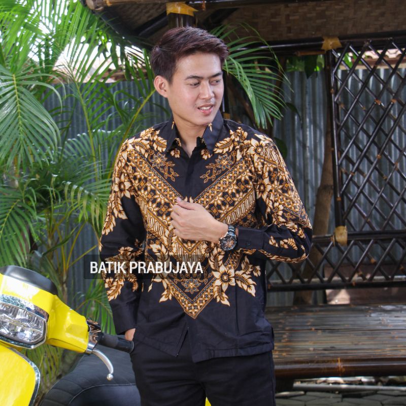 ARGO LAWU Kemeja Batik Pria Modern Lengan Panjang Terbaru - Baju Hem Batik Pria Cowok Kondangan Pesta Kerja Hitam