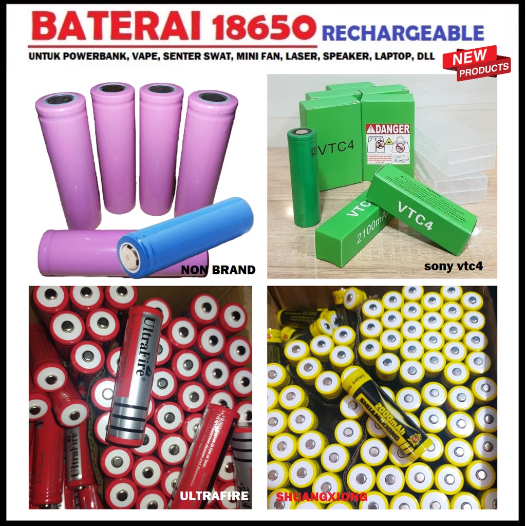 Baterai 18650 Rechargeable Button Top Cas Senter Power Bank Vap