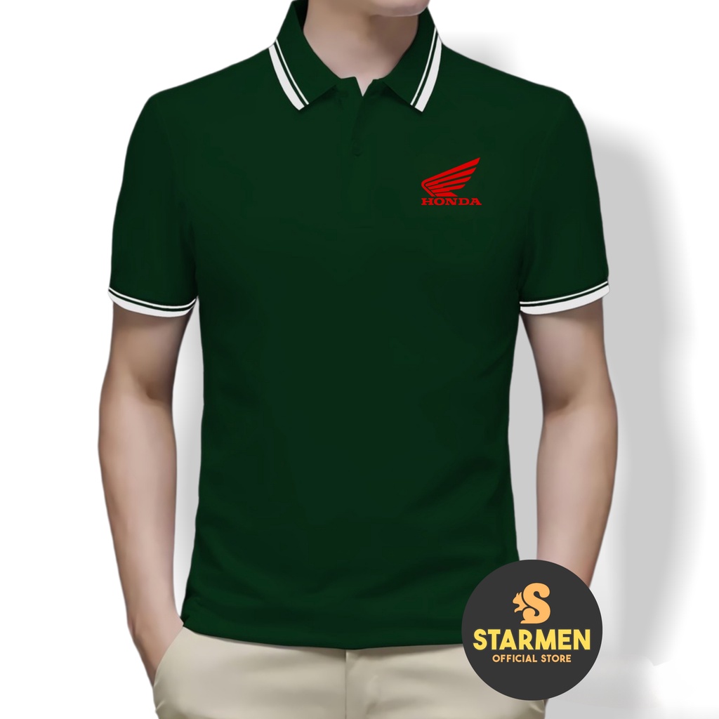 Kaos Polo Shirt Pria Kerah List Putih Logo HONDA RED