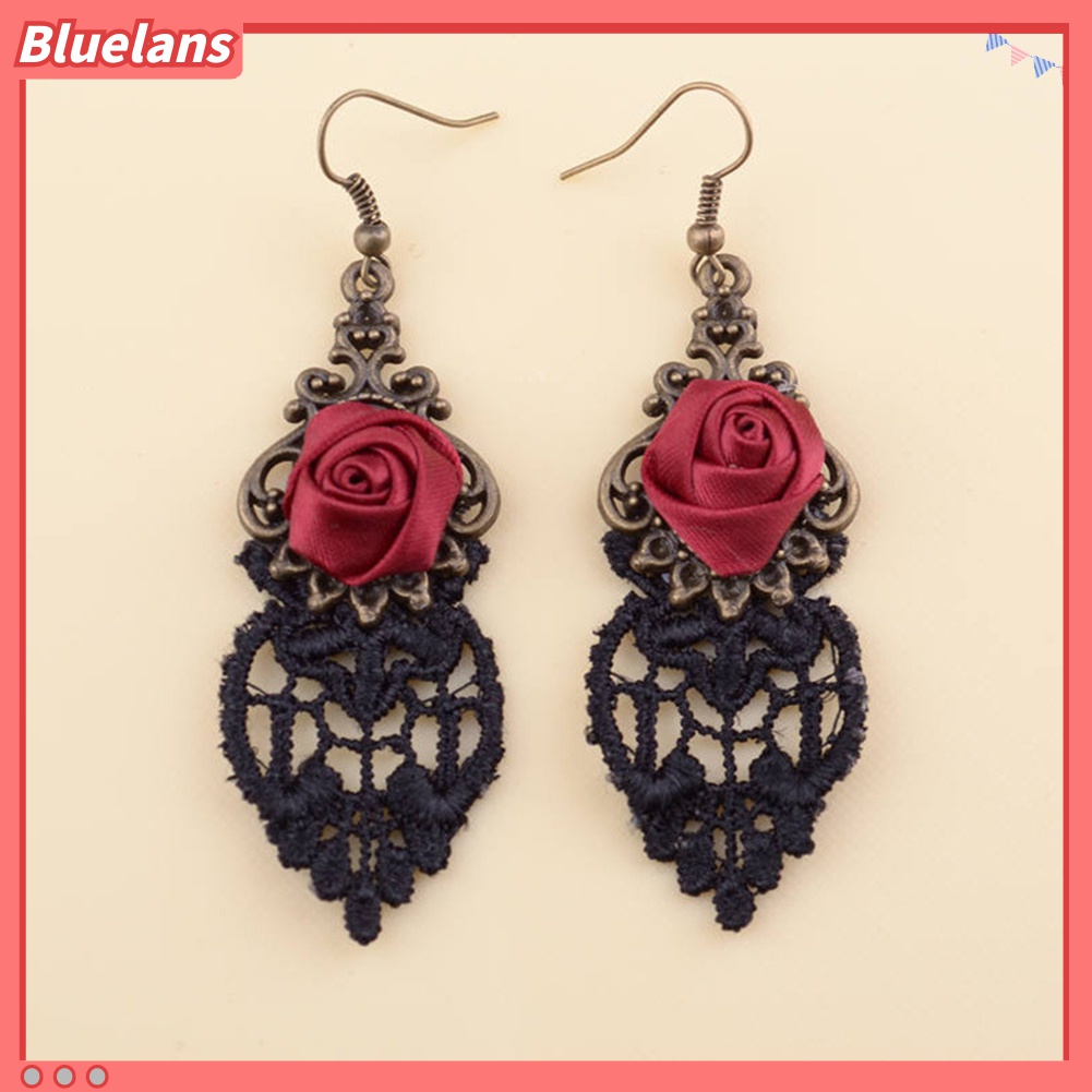 Anting Kait Gantung Desain Bunga Mawar Merah Renda Gaya Vintage Gothic Untuk Halloween