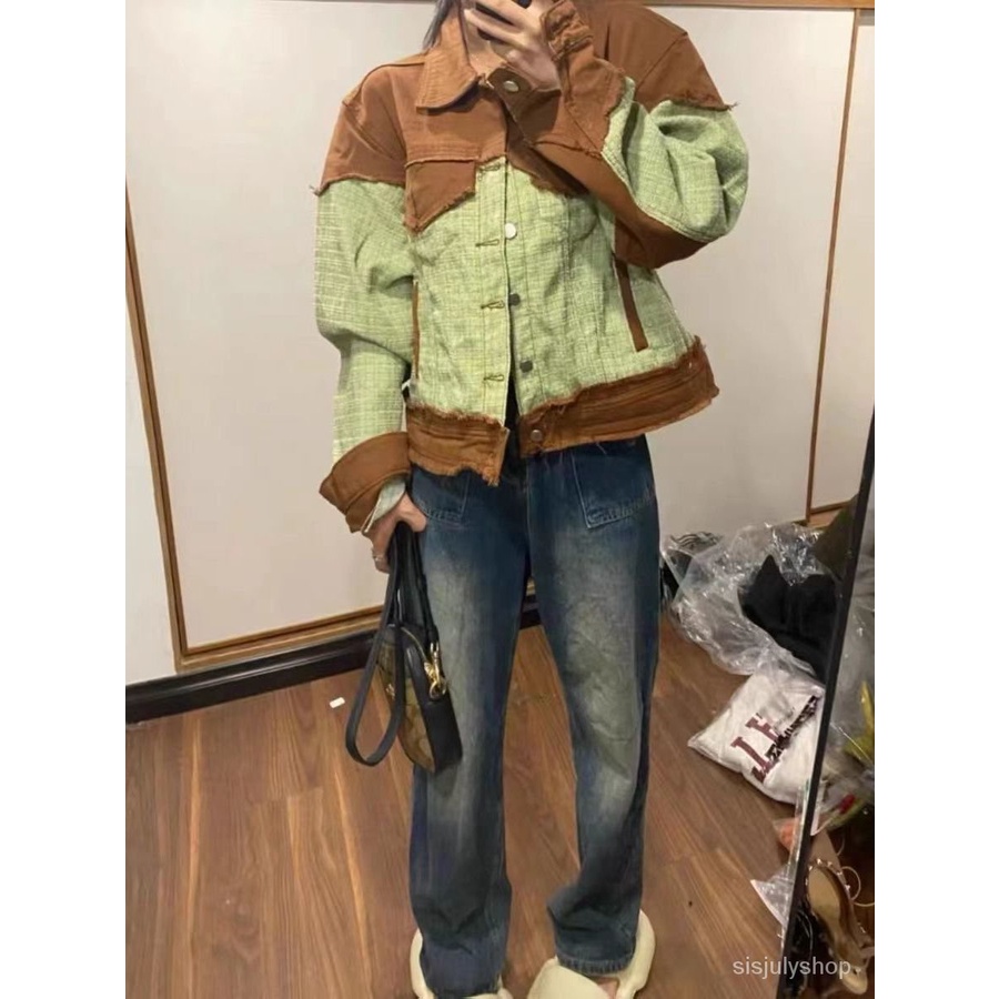 #Sisjuly# Jaket denim jaket wanita baru dupa kecil dupa angin splicing rasa longgar pasang atas