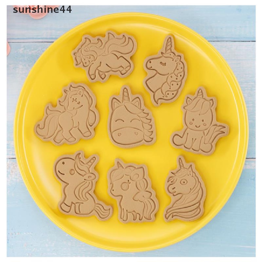 Sunshine 8pcs / set Cetakan Biskuit Bentuk Kartun Unicorn 3D Bahan Plastik