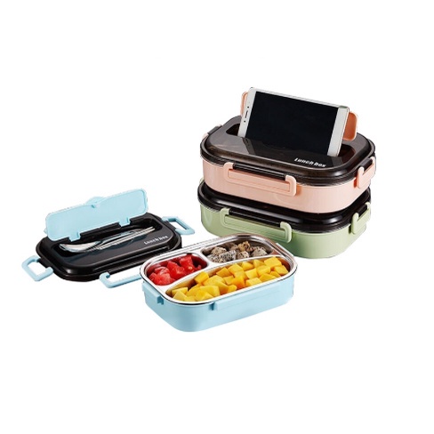 DS SS35 Kotak Makan 3 Sekat / Lunch Box Stainless 304 Tahan Panas dan Anti Tumpah Kualitas Premium Free Sendok+Sumpit