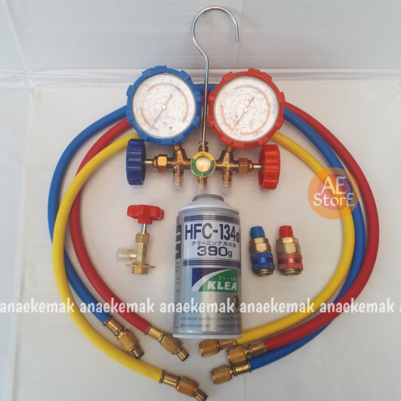 1 Set Paket lengkap Alat Isi ulang double manifold / single manifold tambah Refrigeran gas ac Mobil R134a / 134a kran 339 selang kaleng manifold 220 / 500 Psi Paket isi ac mobil kulkas anda paket hfc 134 a tinggal pake dingin promo