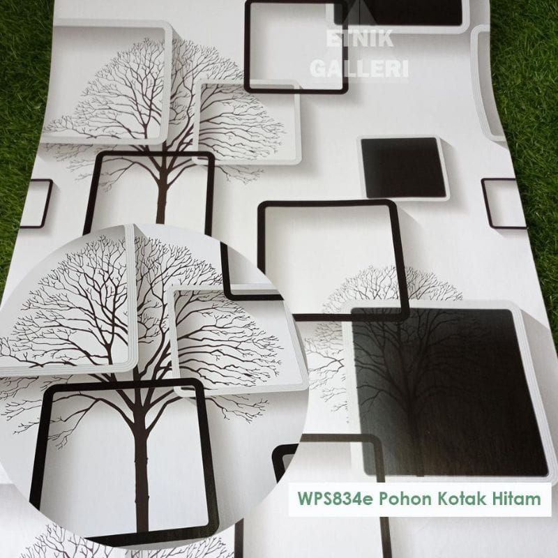 Wallpaper dinding motif kotak pohon hitam minimalis