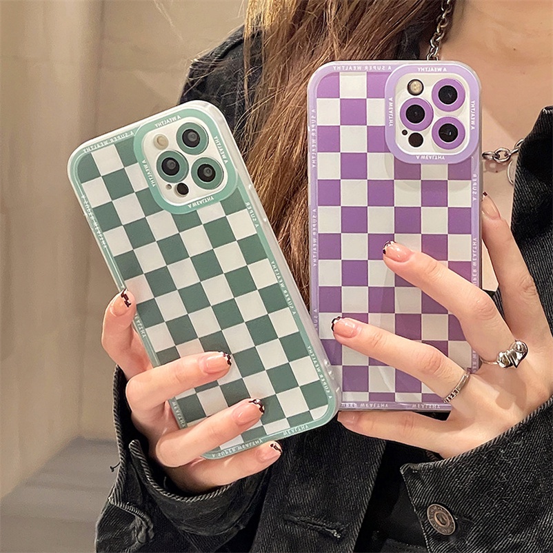 Soft Case Casing Compatible for iPhone 14 13 12 11 Pro Max X Xr Xs Max iPhone 7 8 6 6s Plus Square Lattice Transparent Silicone Phone Case Soft TPU Silicone Shockproof Phone Case Cover