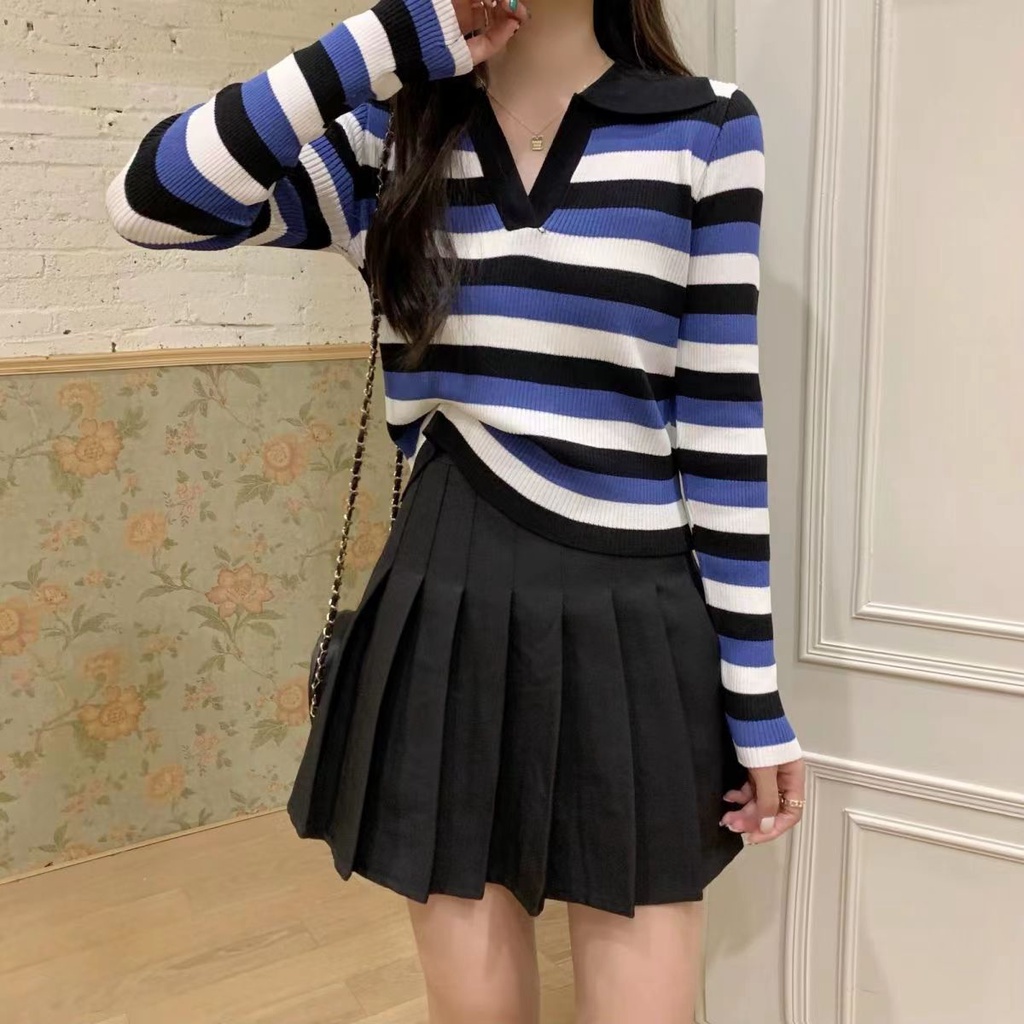 Rajut Stripe Shirt Wanita Baju Garis Garis Wanita Lengan Panjang