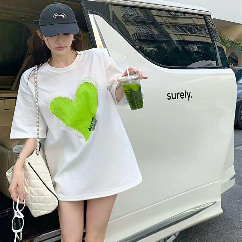 [littlecrab] Kaos Oversize Doccmo Love Hijau Neon Jahit Love Polos T-shirt Couple Unisex Lembut Berkualitas Motif Hati Besar Green Unik Simple Korean Style