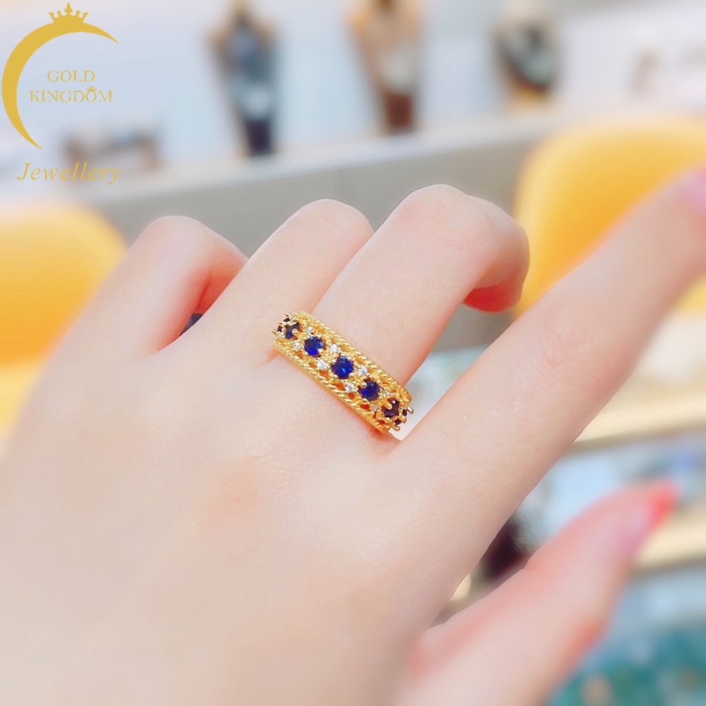 Goldkingdom Perhiasan Fashion Emas Asli Kadar 375 Bangkok Aksesoris Ready Stock Berlapis Emas Vintage Renda Kerajinan Ujung Biru Kristal Karbon Tinggi Berlian Cincin Yang Dapat Disesuaikan Untuk Wanita