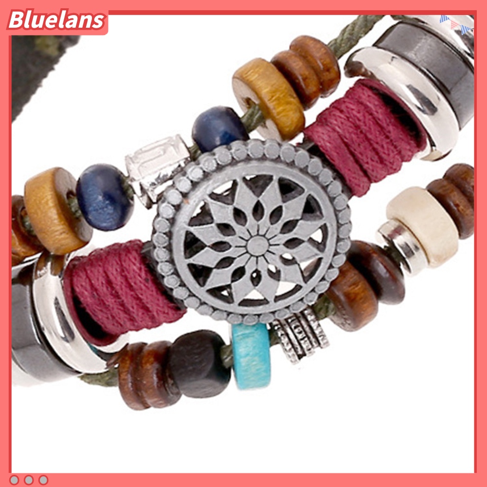 Bluelans Boho Women Multi Layer Beaded Woven Leather Rope Bracelet Adjustable Jewelry