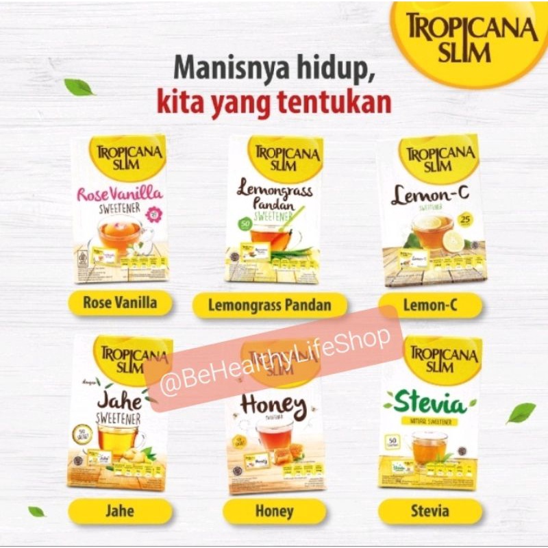 

Gula Tropicana slim Stevia / Honey / Lemongrass Sereh Pandan / Gula Aren / Lo Han Guo @ 50 sachets