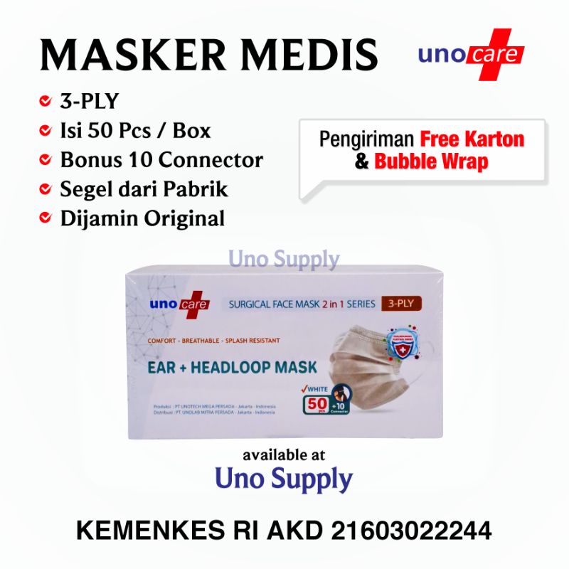 Masker Surgical Medis 3 ply Unocare Putih / Masker UnoCare / Masker Medis UnoCare / Masker Uno Care 
