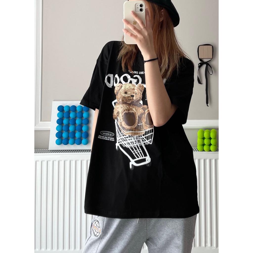 EUNII T-shirt Lengan Pendek Imut Kereta Belanja Beruang Pencetakan Longgar Korean Style/Kaos Atasan Wanita/Baju Kaus Oversize Wanita