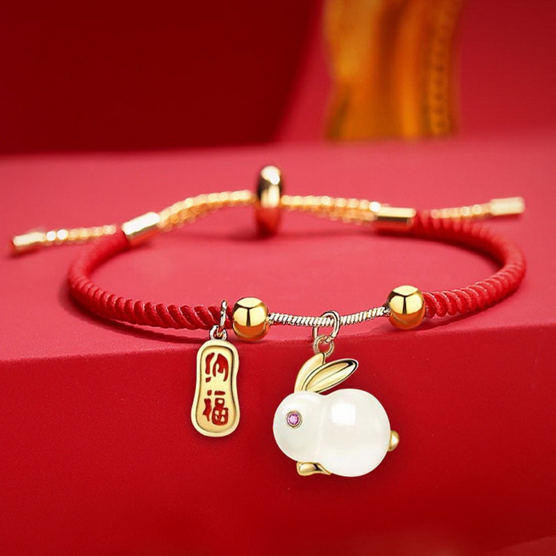 2023 Gelang Tangan Emas 18K Wanita Desain Kelinci Feng Shui Keberuntungan Adjustable Untuk Hadiah Tahun Baru