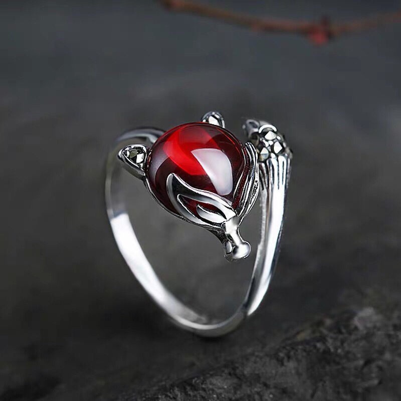 Cincin Model Terbuka Desain Rubah Merah Delima Hias Giok Gaya Vintage Untuk Wanita