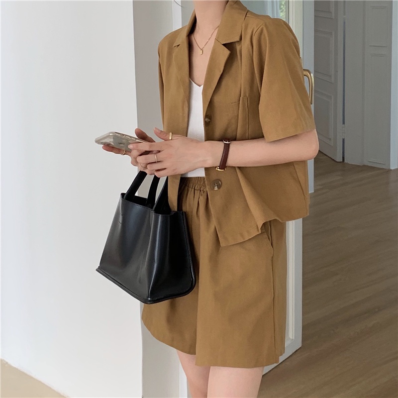 Linen Setelan Wanita Kekinian Import Korean Style Celana Pendek Kulot Highwaist Loose/Blazer Crop Jaket Lengan Pendek/Pakaian Wanita Terbaru/One Set Wanita